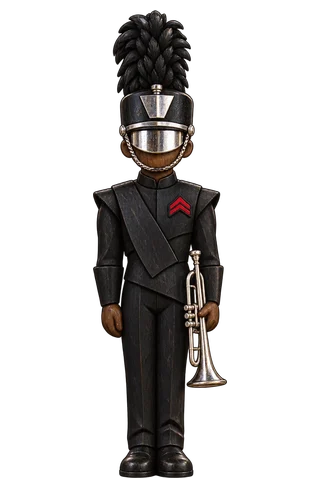 A carved wooden figure in a black drum corps uniform with a tall plume, a silver visor and a trumpet