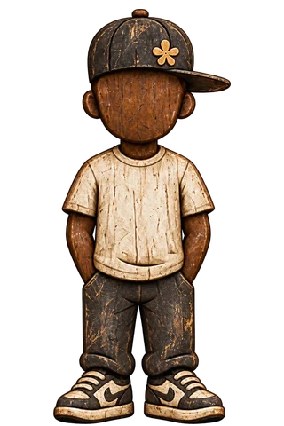 A carved wooden figure in a flower-patch cap and cream tee, hands in his pockets