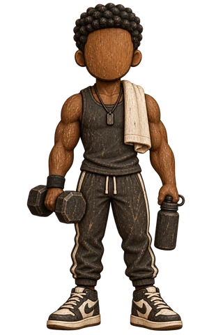 A carved wooden figure of a weightlifter holding a dumbbell and water bottle, a towel over his shoulder