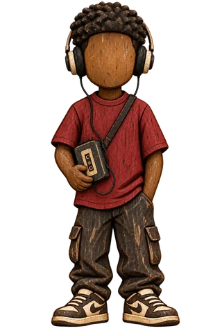A carved wooden figure in big headphones and a red tee, holding a cassette player