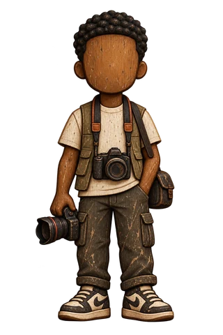 A carved wooden figure in a utility vest holding one camera and wearing another, a shoulder bag at his side