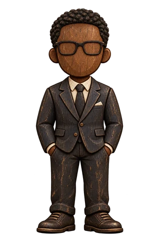 A carved wooden figure in a dark suit, tie and glasses, hands in his pockets