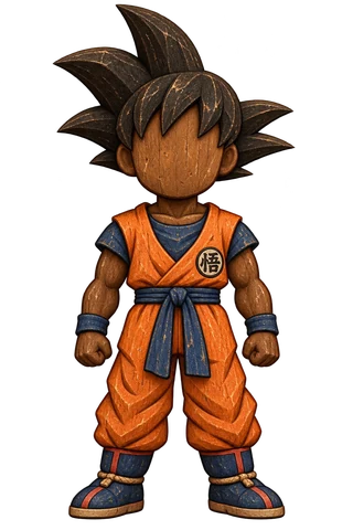 A carved wooden figure of an anime martial artist in an orange gi with spiked black hair
