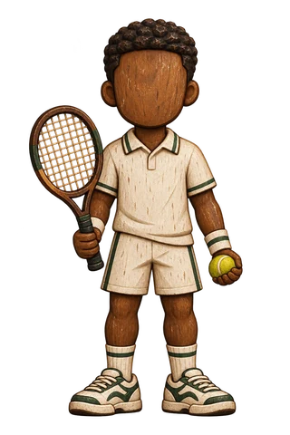 A carved wooden figure in white tennis clothes with green trim, holding a racket and a ball