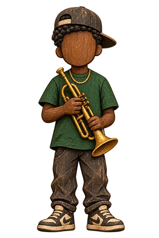 A carved wooden figure in a backwards cap and green tee, holding a gold trumpet
