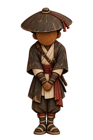 A carved wooden figure of a wandering swordsman in a straw hat and dark robes, hands folded, bowing