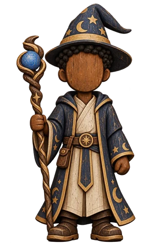 A carved wooden figure in a star-covered wizard hat and blue robe, holding a twisting staff topped with a blue orb