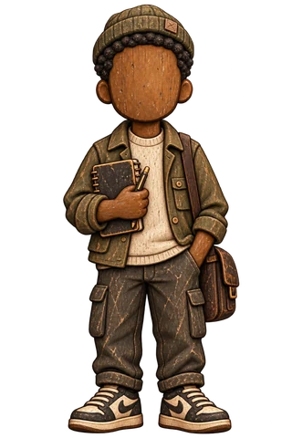 A carved wooden figure in a knit beanie and olive jacket, holding a notebook and pen, a leather bag over his shoulder