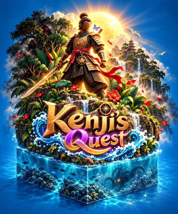 Kenji's Quest: First Light — a lone samurai stands atop a jungle island over dark water, the game's title carved into the rock beneath him